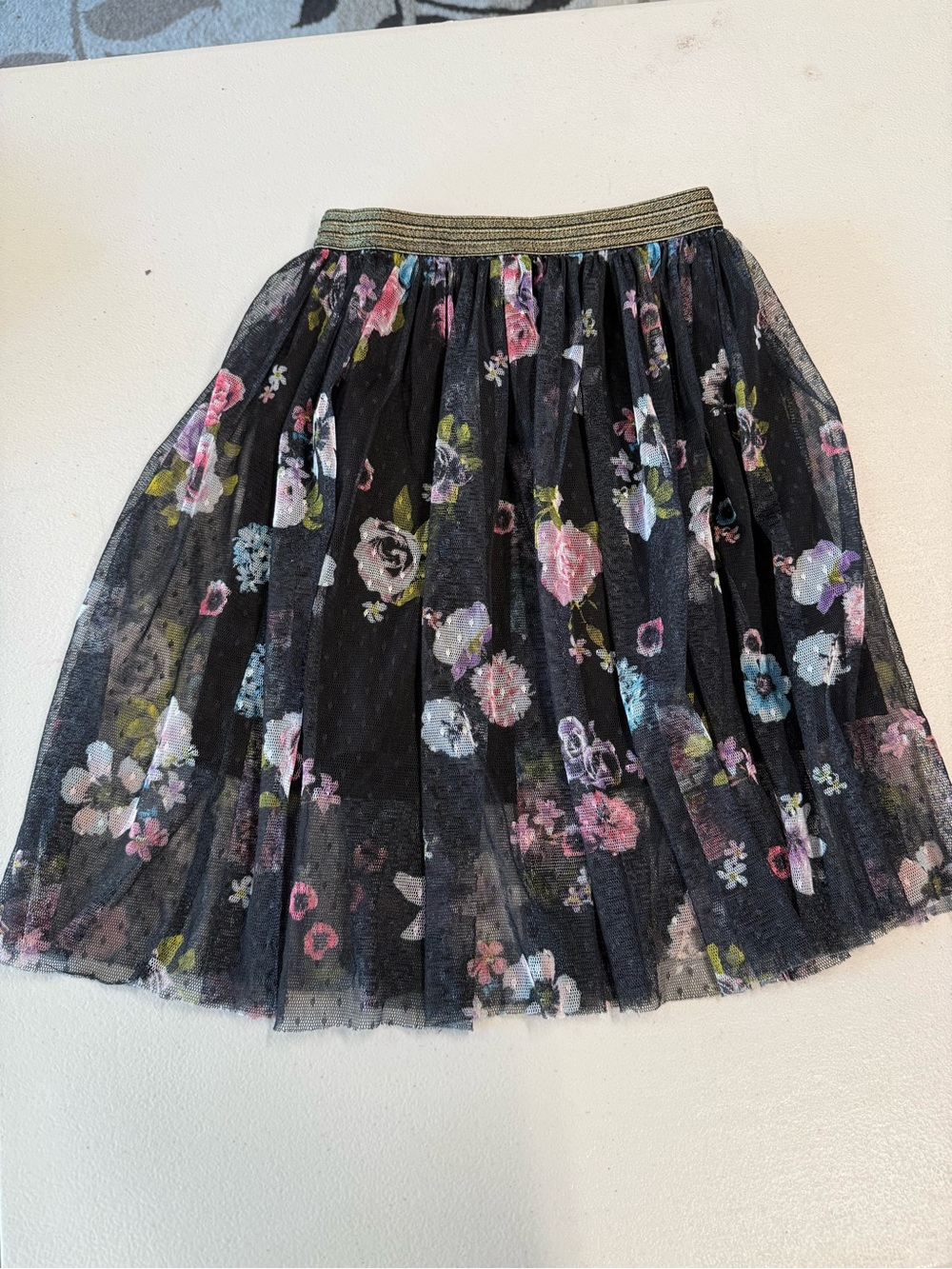 Justice Black Floral Tulle Midi Skirt with Gold Elastic Waist